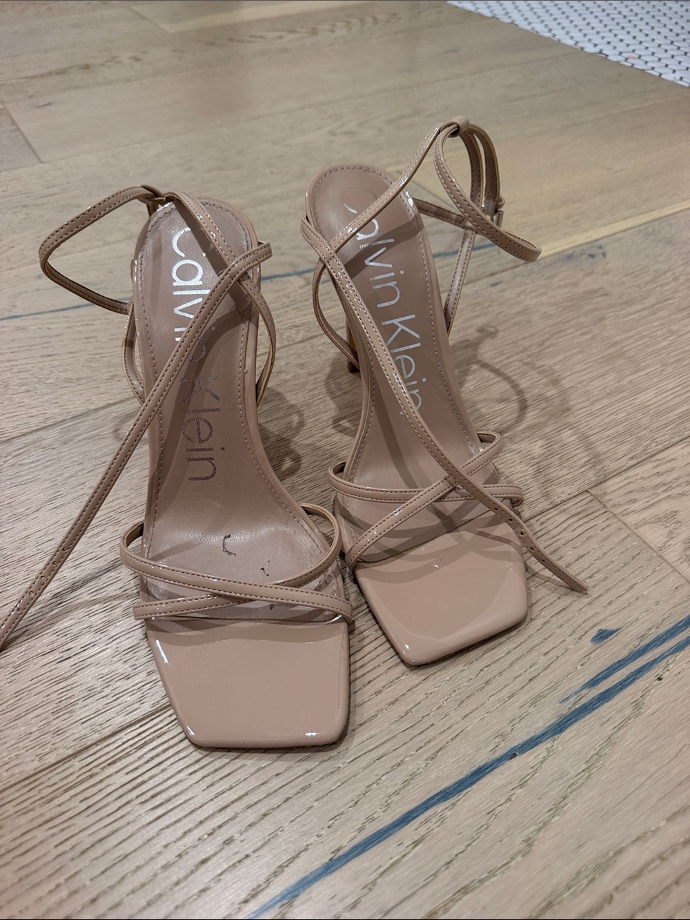 Calvin Klein Beige Patent Strappy Square-Toe Heels